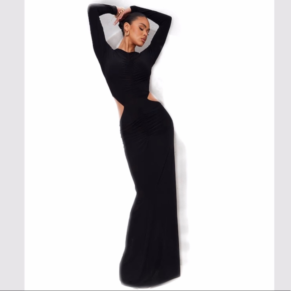 Black long ruched dress with cut outs . NWT